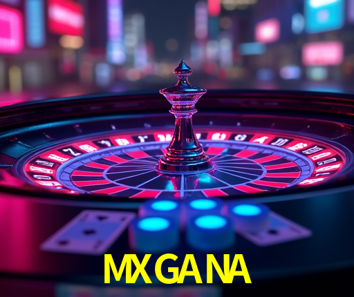 Escena dinámica inspirada en casino con iluminación MXGANA, cartas, fichas e íconos de juegos digitales en un espacio moderno de juegos.